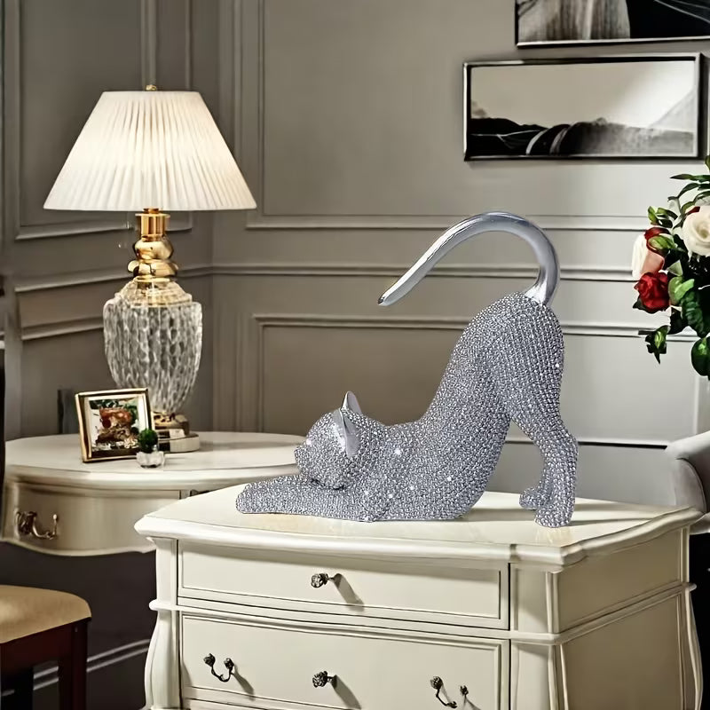Sparkling Cat Stretching Statue Figurine