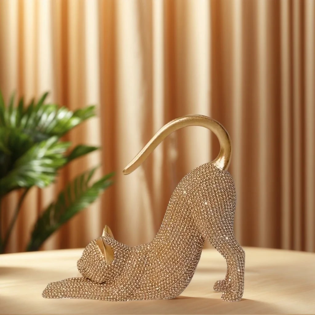 Sparkling Cat Stretching Statue Figurine