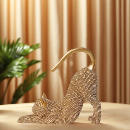 Sparkling Cat Stretching Statue Figurine