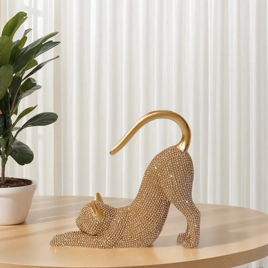 Sparkling Cat Stretching Statue Figurine