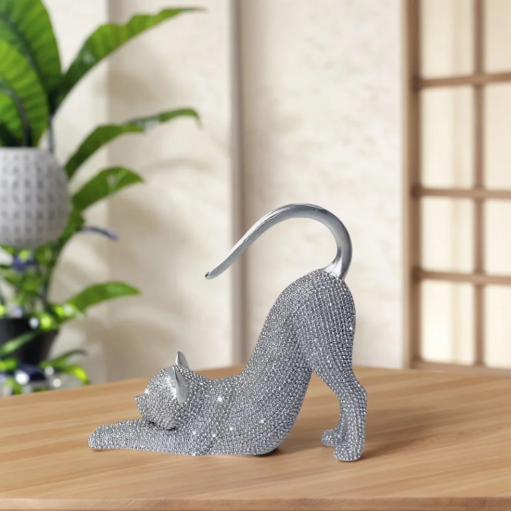 Sparkling Cat Stretching Statue Figurine