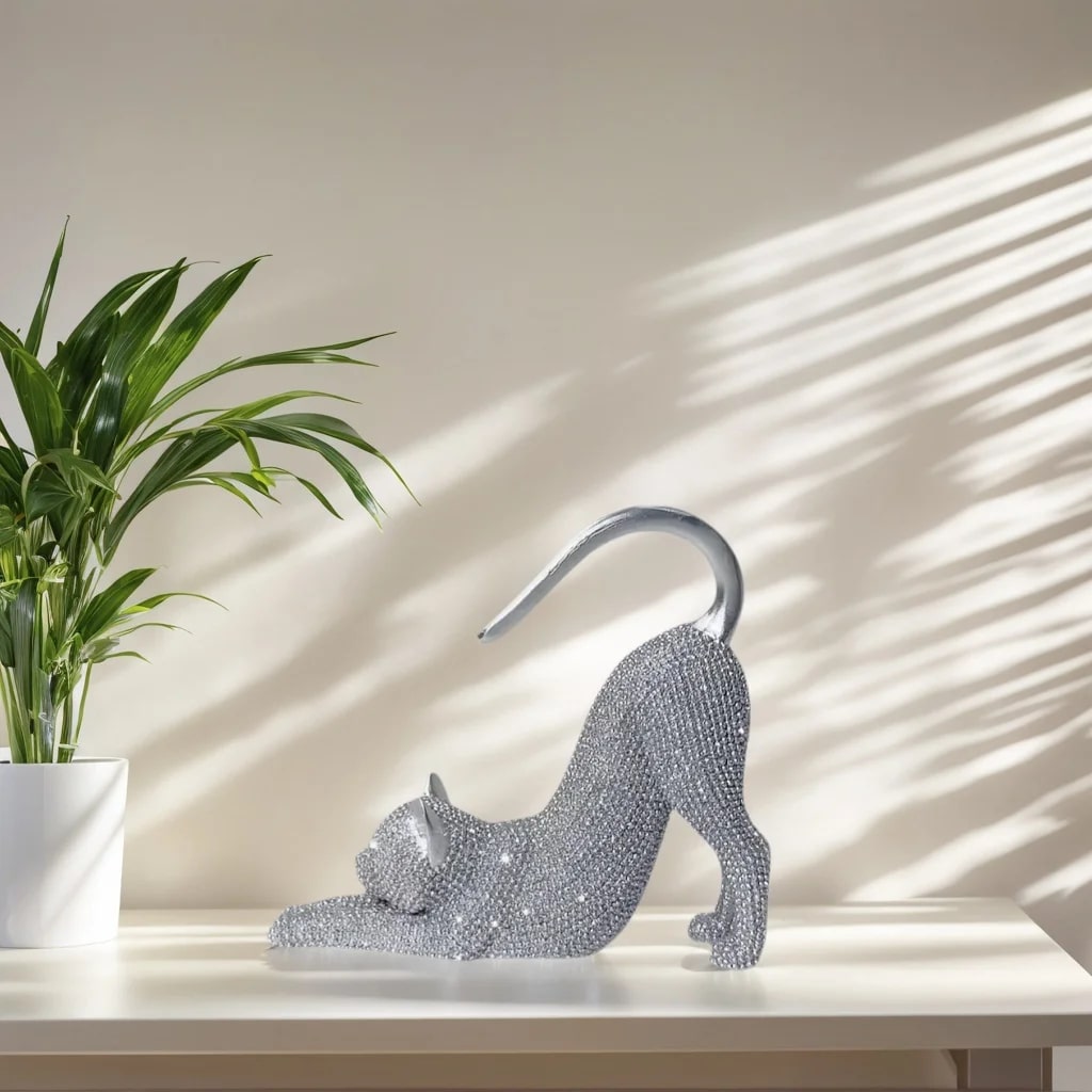 Sparkling Cat Stretching Statue Figurine