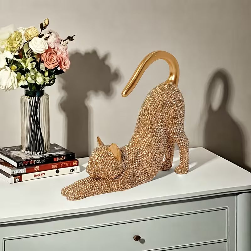 Sparkling Cat Stretching Statue Figurine